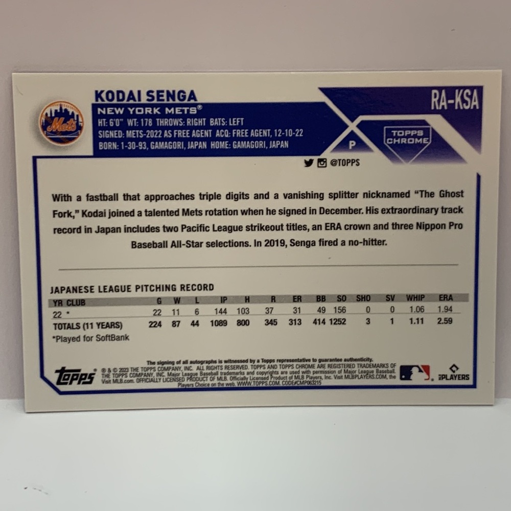 2023 Topps Chrome Kodai Senga Mets Purple Specke Auto 76/299 #RA-KSA (MISC9) - Picture 2 of 2
